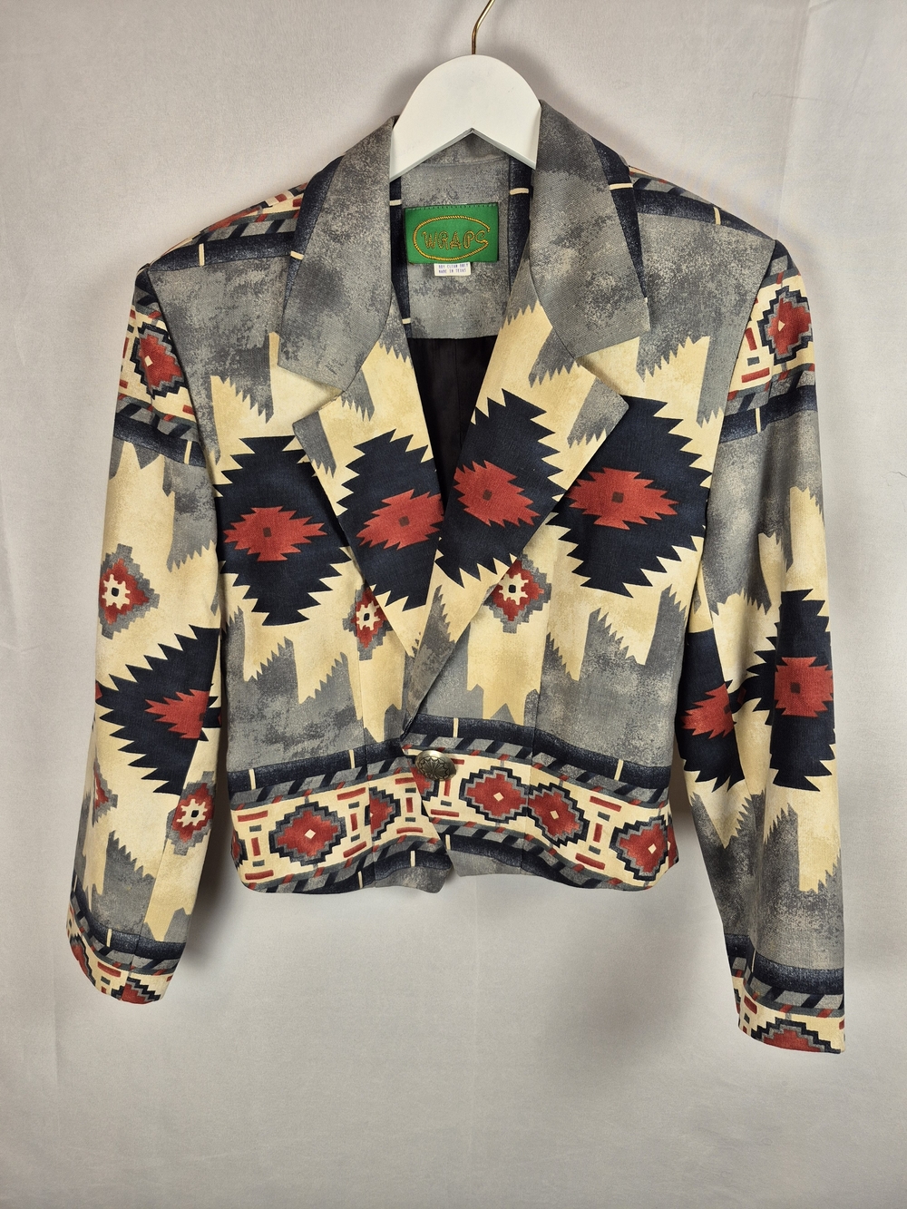 VTG 90s WRAPS Collection Southwestern Blazer Jacket Cropped Aztec Woven Texas M